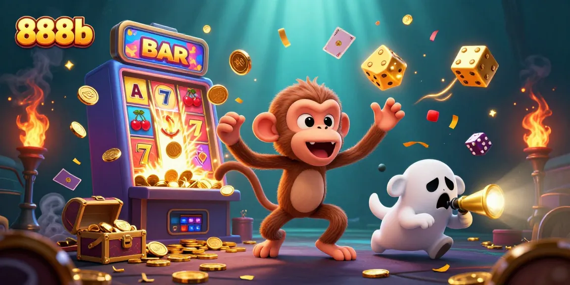 Engage with 888b in this thrilling 3D casino scene where a ghost-hunter puppy tracks a playful poltergeist monkey juggling golden treasures.
