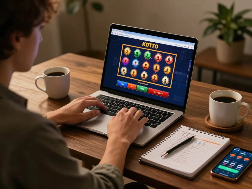 KDTOTO player engaging in online slot games from a comfortable home setup, showcasing strategy and focus.