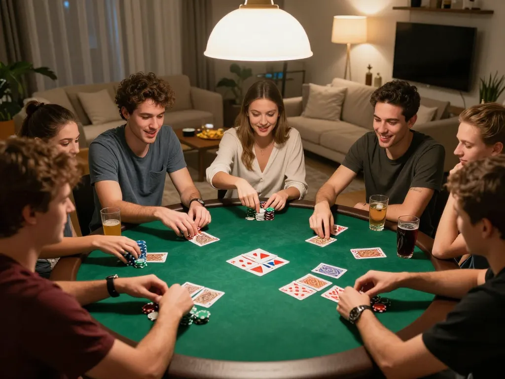 Players enjoying a strategic poker game at home, showcasing intense gameplay with friends, highlighting slot88 action.