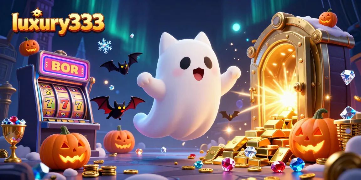 Permainan slot mewah di luxury333 dengan karakter kucing hantu dan kelelawar bersinar di kasino.