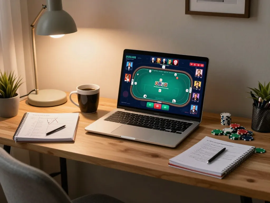Engaging poker gameplay on http://tg777.ac/ displayed on a laptop, with a cozy home environment, enhancing the online gambling experience.