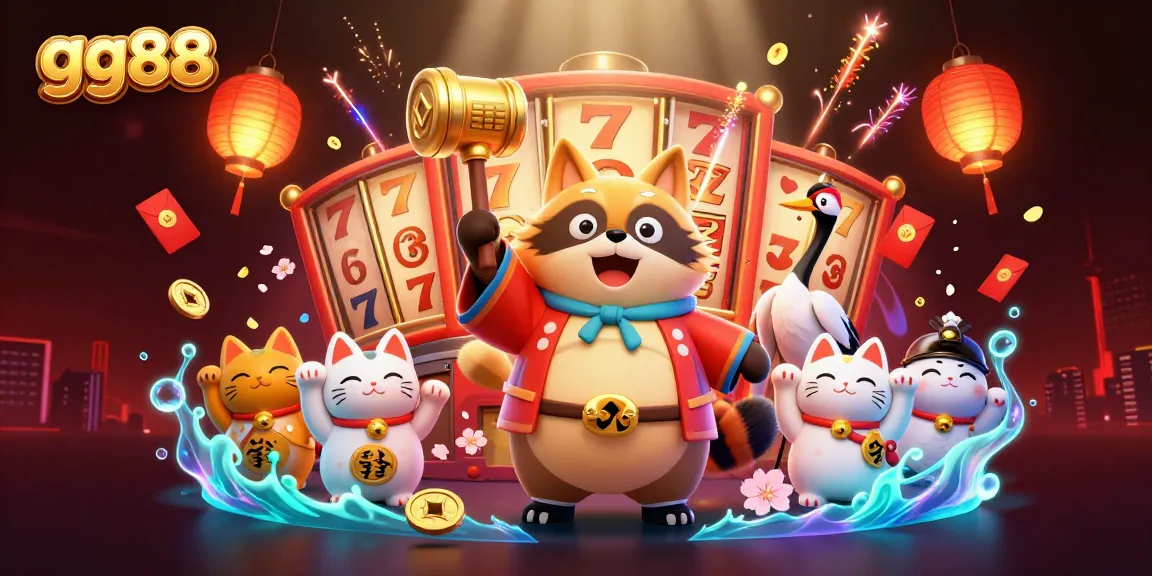 Experience the festive thrill at gg88 with a cheerful tanuki and vibrant casino elements.