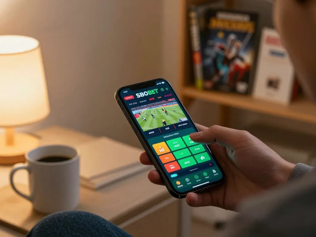 Aplikasi mobile SBOBET menampilkan taruhan langsung dengan pengguna terlibat dalam aktivitas perjudian yang bertanggung jawab.