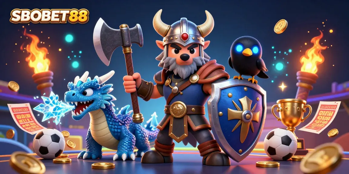 SBOBET88 sports betting scene with a Viking wolf warrior, fierce dragon, and raven amidst colorful game elements.