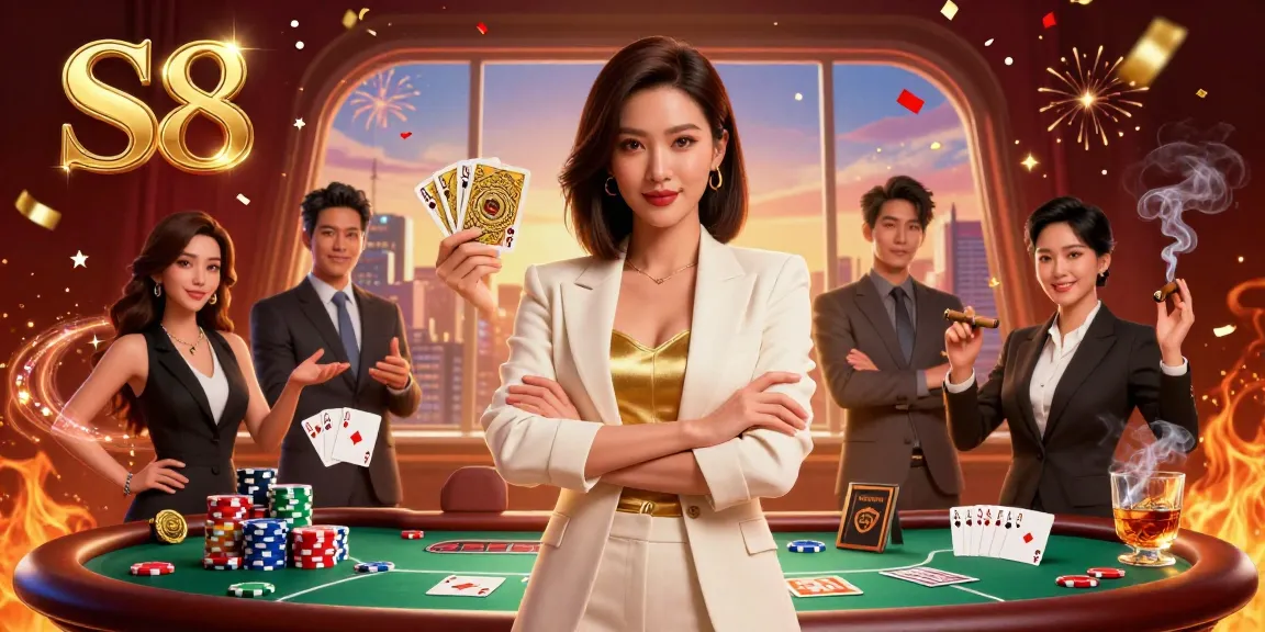 S8 encourages professional gameplay with vibrant poker elements and a powerful business-woman at its center.