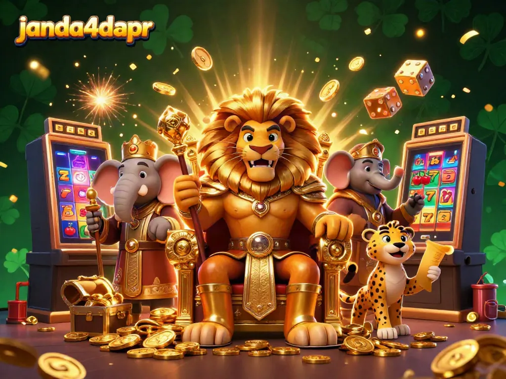 JANDA4DAPR menyajikan suasana kasino digital dengan raja singa, gajah penasihat, dan cheetah pengantar yang berpadu dengan mesin slot yang memancarkan koin.