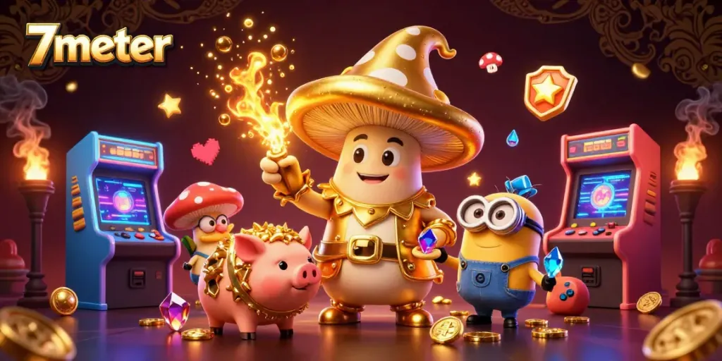 Experience golden winnings with 7meter, a vivid illustration of animated characters amid exciting gambling elements.