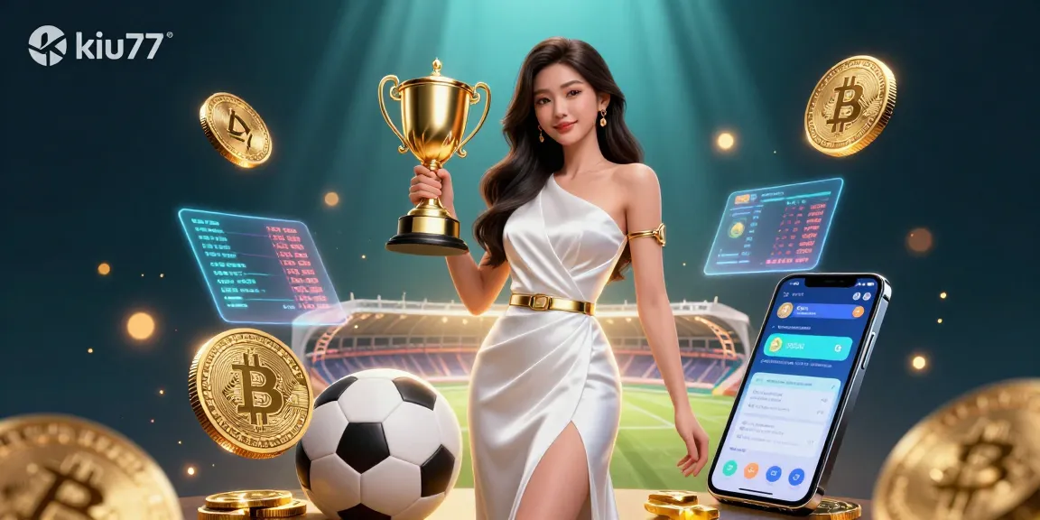 Win big with kiu77 as a victorious Asian woman celebrates with a golden trophy amidst vibrant sports betting visuals.