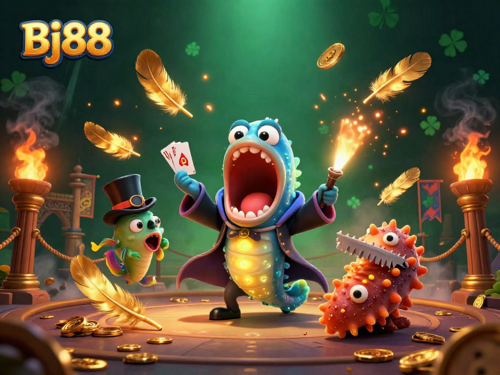 Bj88 showcases a vibrant magic act by a bioluminescent eel and an anglerfish in a casino setting filled with excitement.