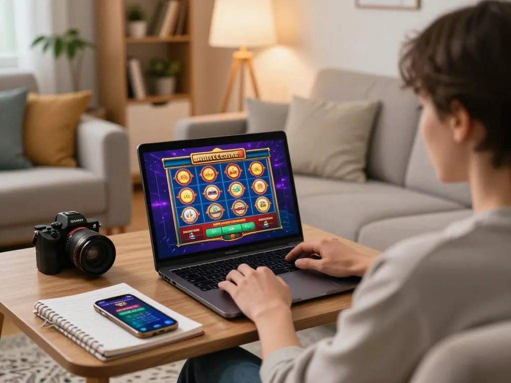 A person gaming at a credit card casino on a laptop, tracking spending with a notebook.