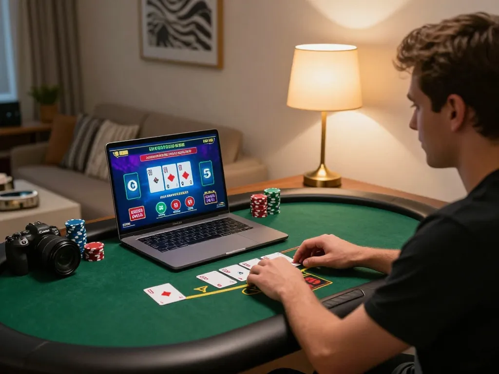 Pemain menikmati blackjack di rumah, menunjukkan permainan strategis untuk audiens creativeblogposts.