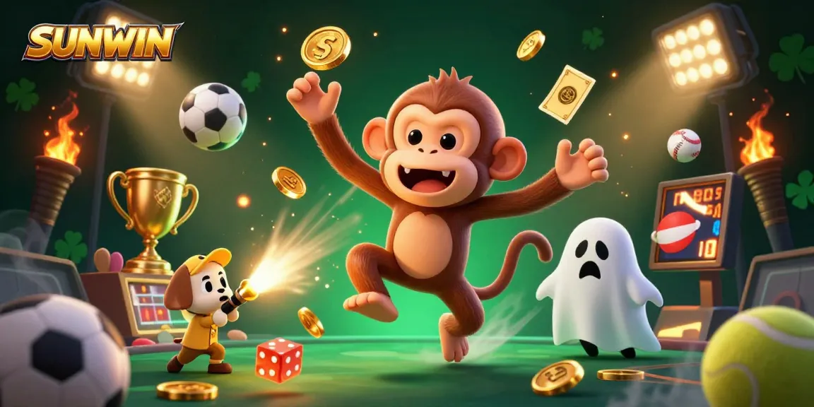 SUNWIN entertains with a poltergeist monkey juggling and a curious puppy tracking in a vibrant casino scene.