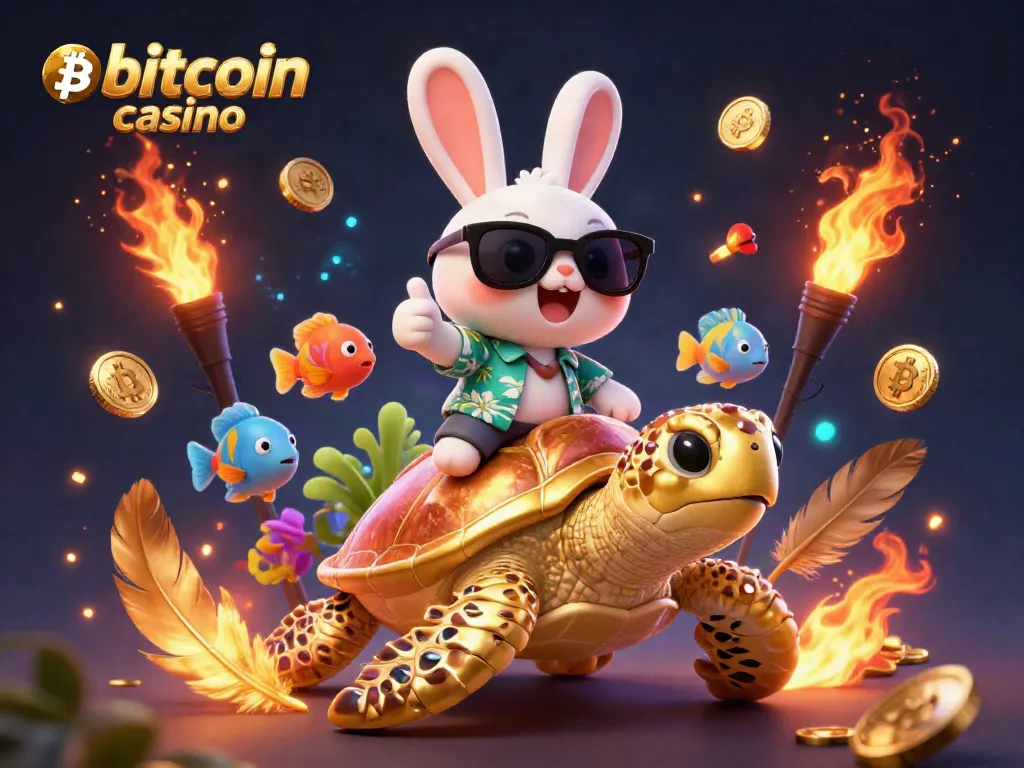Engaging bitcoin casino illustration showcasing a lucky rabbit and golden turtle in a vibrant casino scene.