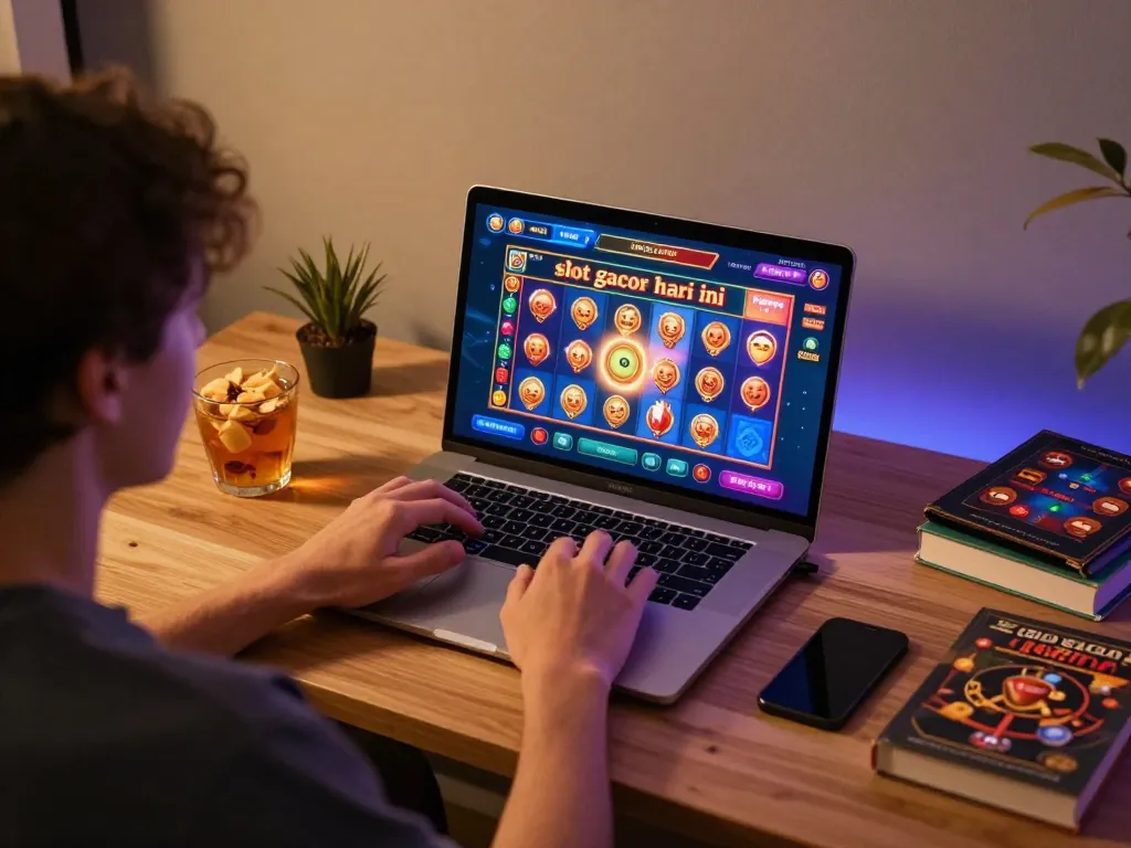Engaged player using laptop for slot gacor hari ini gaming from home, cozy setup.