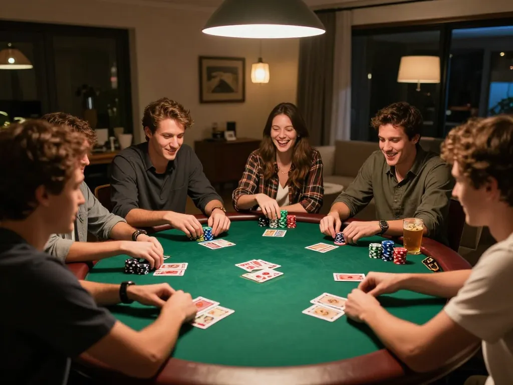 Engaged friends enjoying a thrilling poker game night at home, showcasing the entertainment vibe of ZOWIN.