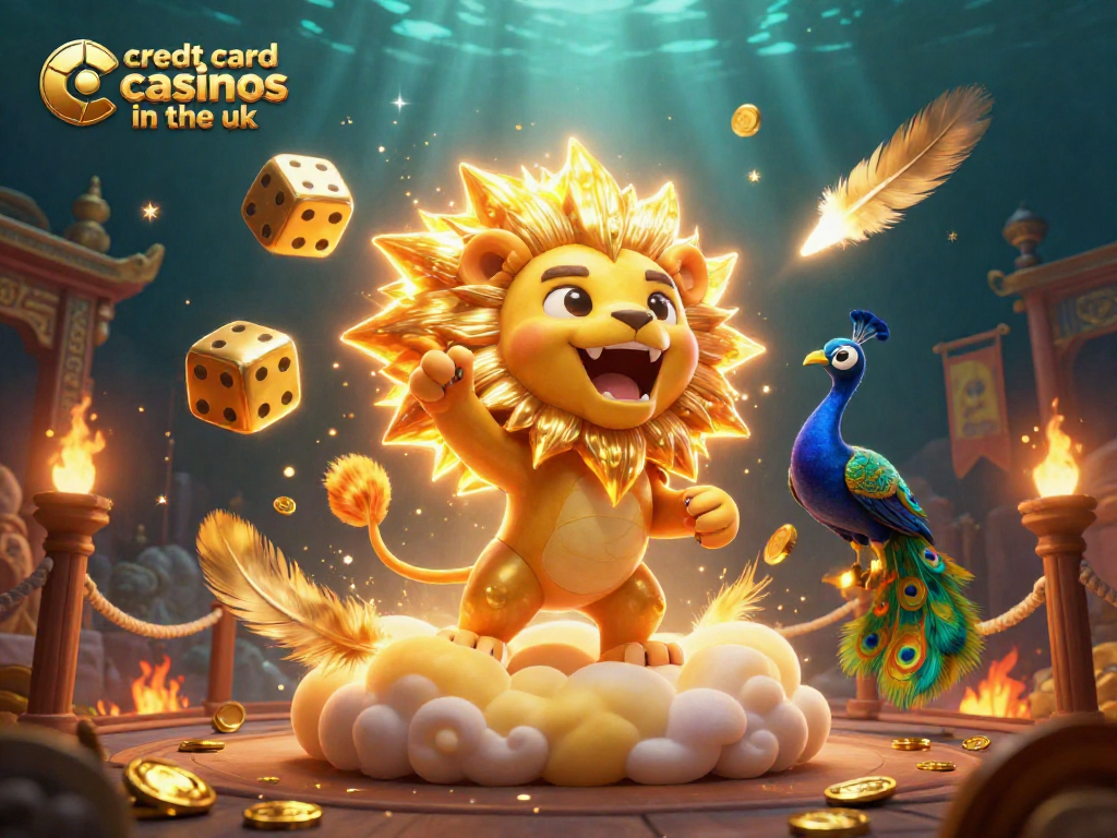 Engage with credt card casinos in the uk through an exciting scene featuring a roaring lion, golden dice, and vibrant casino elements.