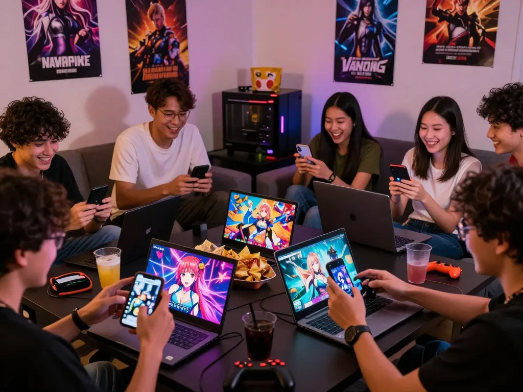 Players enjoying sex games on various devices in a cozy gaming environment.