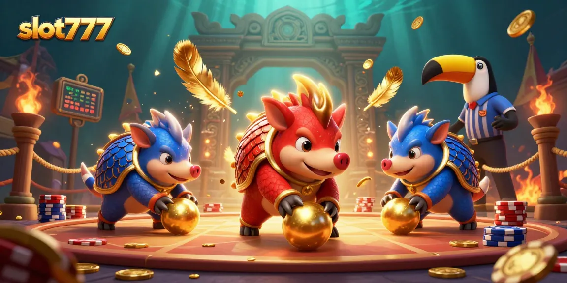 Watch the slot777 pangolins compete in a thrilling casino scene filled with chips and gold!