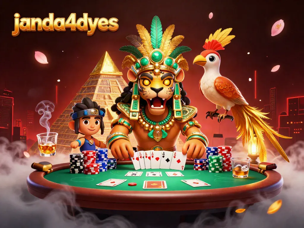 Dengan menggunakan janda4dyes, permainan kartu poker ditampilkan secara menarik dengan karakter unik dalam ilustrasi 3D.