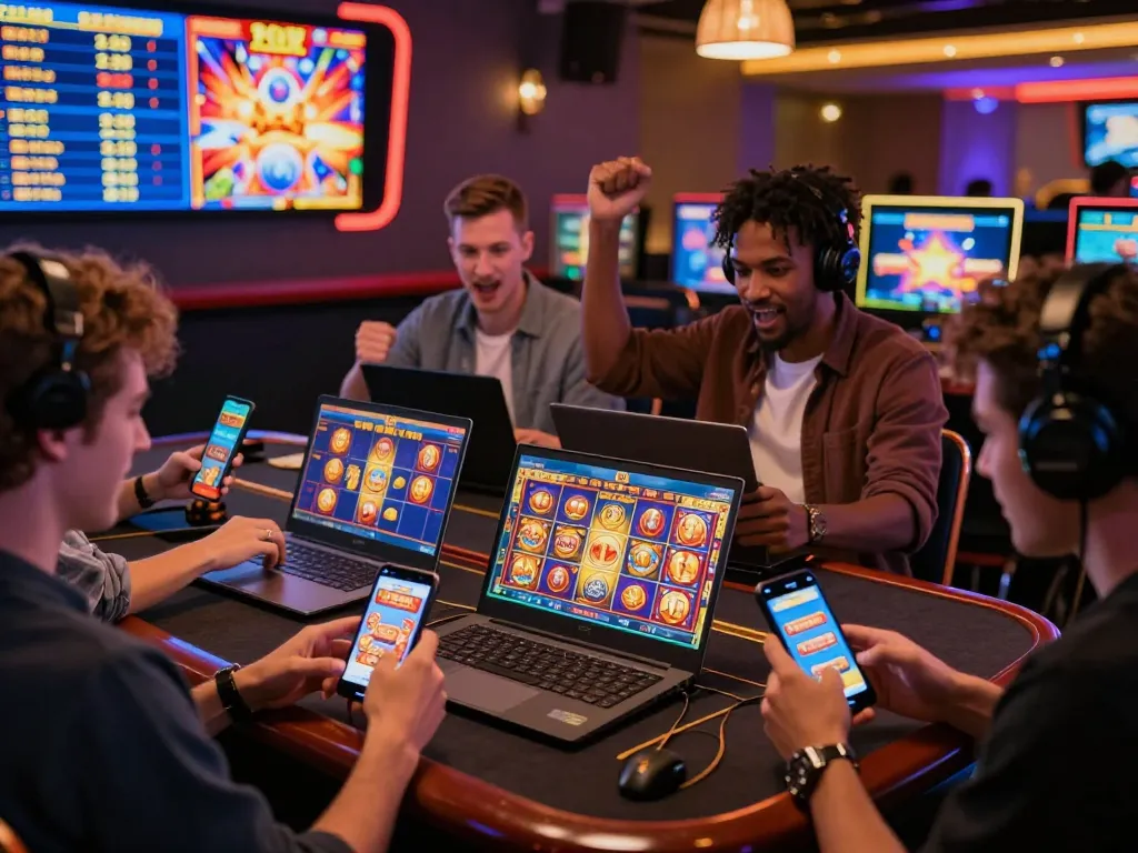 Players engaging with zeus138 online slot games, celebrating wins and strategizing in a vibrant digital gaming atmosphere.
