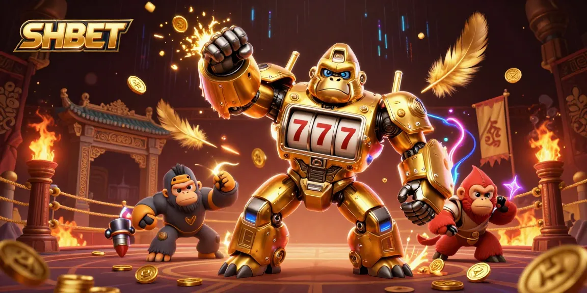 Engage with thrilling gameplay at SHBET featuring an exciting 3D illustration of a golden gorilla mech.