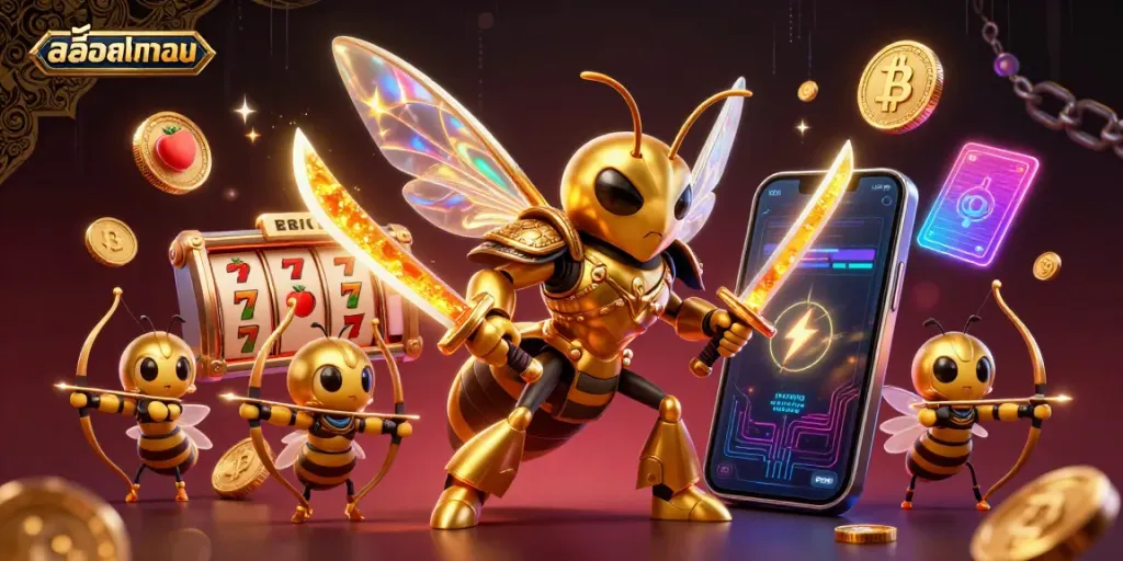 Engage in สล็อตทดลอง with a dynamic 3D scene of a golden hornet character and bee archers, surrounded by slot game elements and glowing crypto coins.