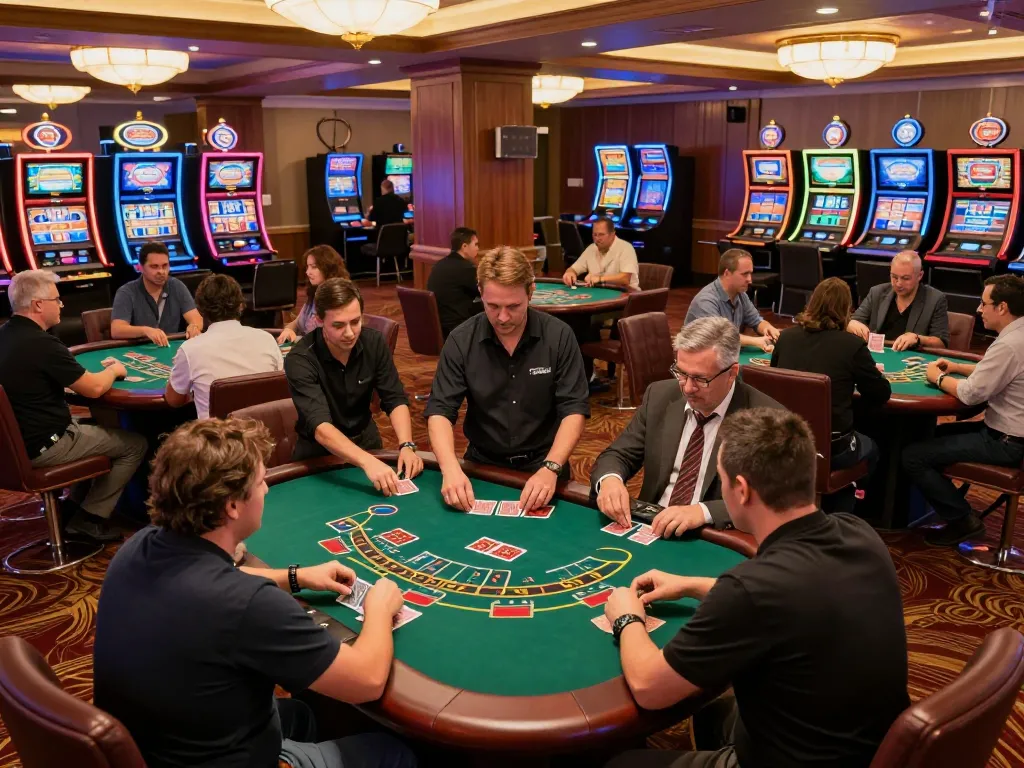 Players strategizing at KJC blackjack tables in a lively casino environment, dynamic gaming atmosphere.
