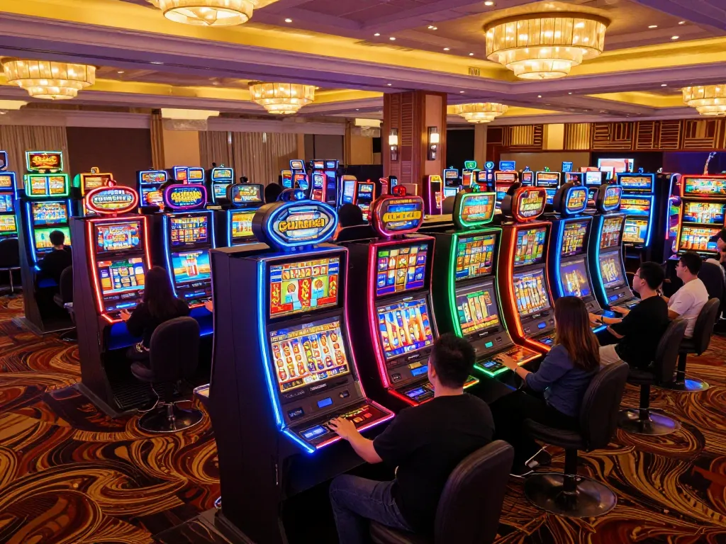 Players enjoying the thrill of slot gacor hari ini at vibrant casino floor, highlighting excitement and potential wins.