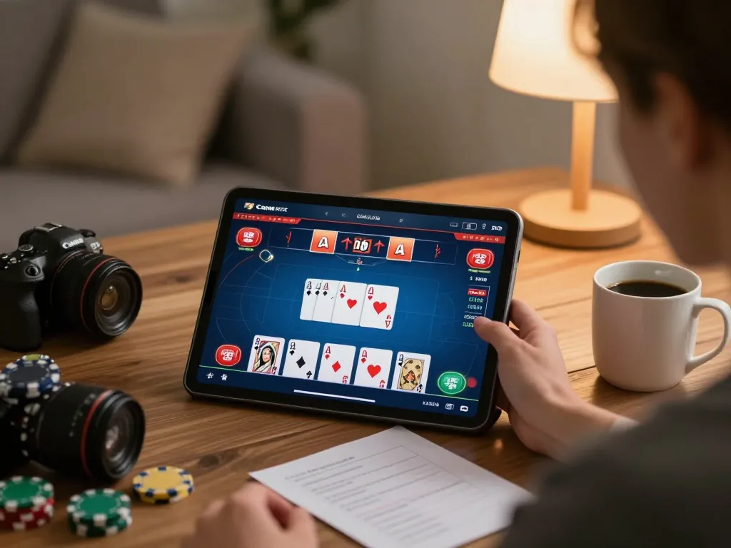Engaged player at home using 11bet for online poker gameplay with strategy notes.