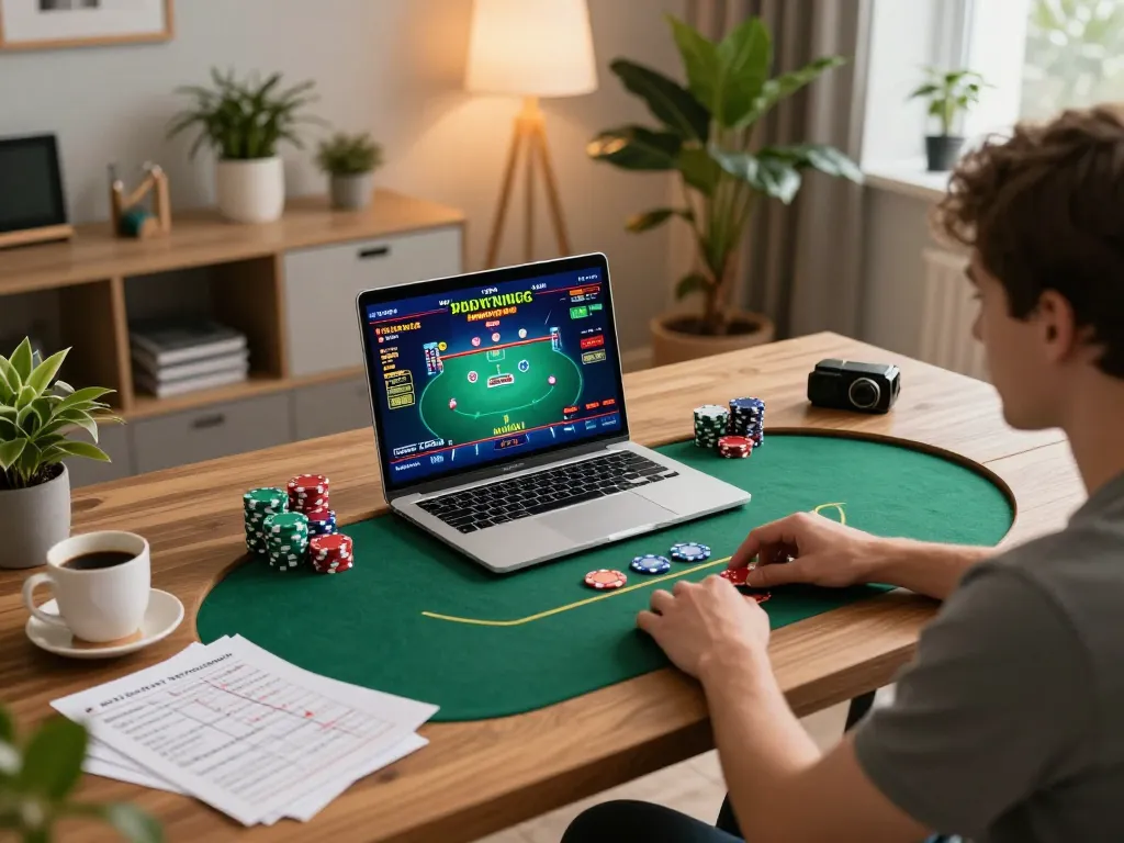 Btopcshop player immersed in strategic online poker game, showcasing home gaming setup with inviting ambiance