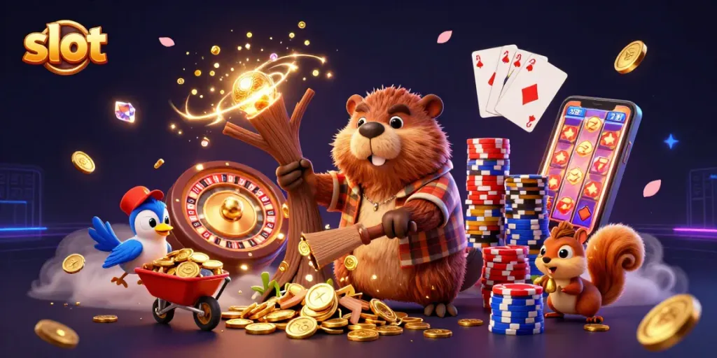 Mengumpulkan koin emas bermain slot di platform GWP168, menunjukkan karakter kartun menyenangkan dan suasana kasino yang menarik.