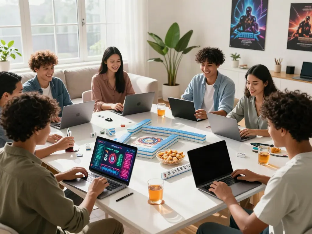Permainan Mahjong118 online dalam kelompok teman di ruang tamu modern yang ceria.