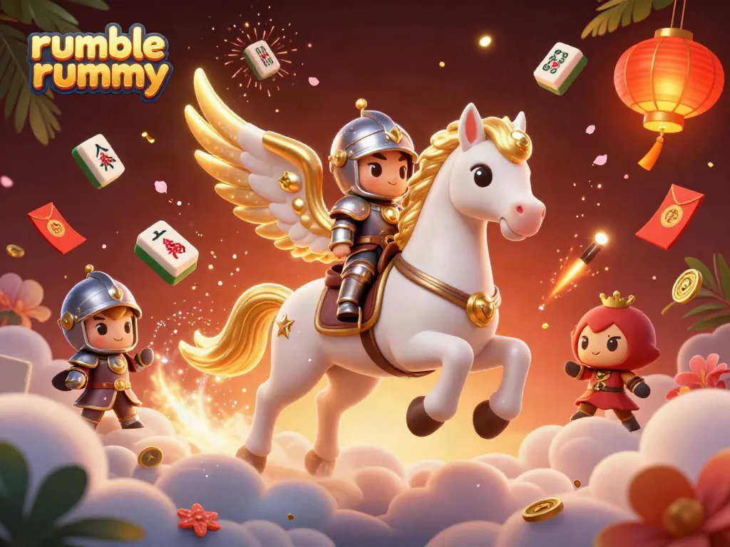 Win big with Rumble Rummy, a vibrant gaming scene featuring a celestial horse and knight among festive elements.