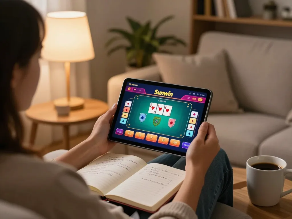 Player enjoying Sunwin's online poker game on a tablet in a cozy home setting.
