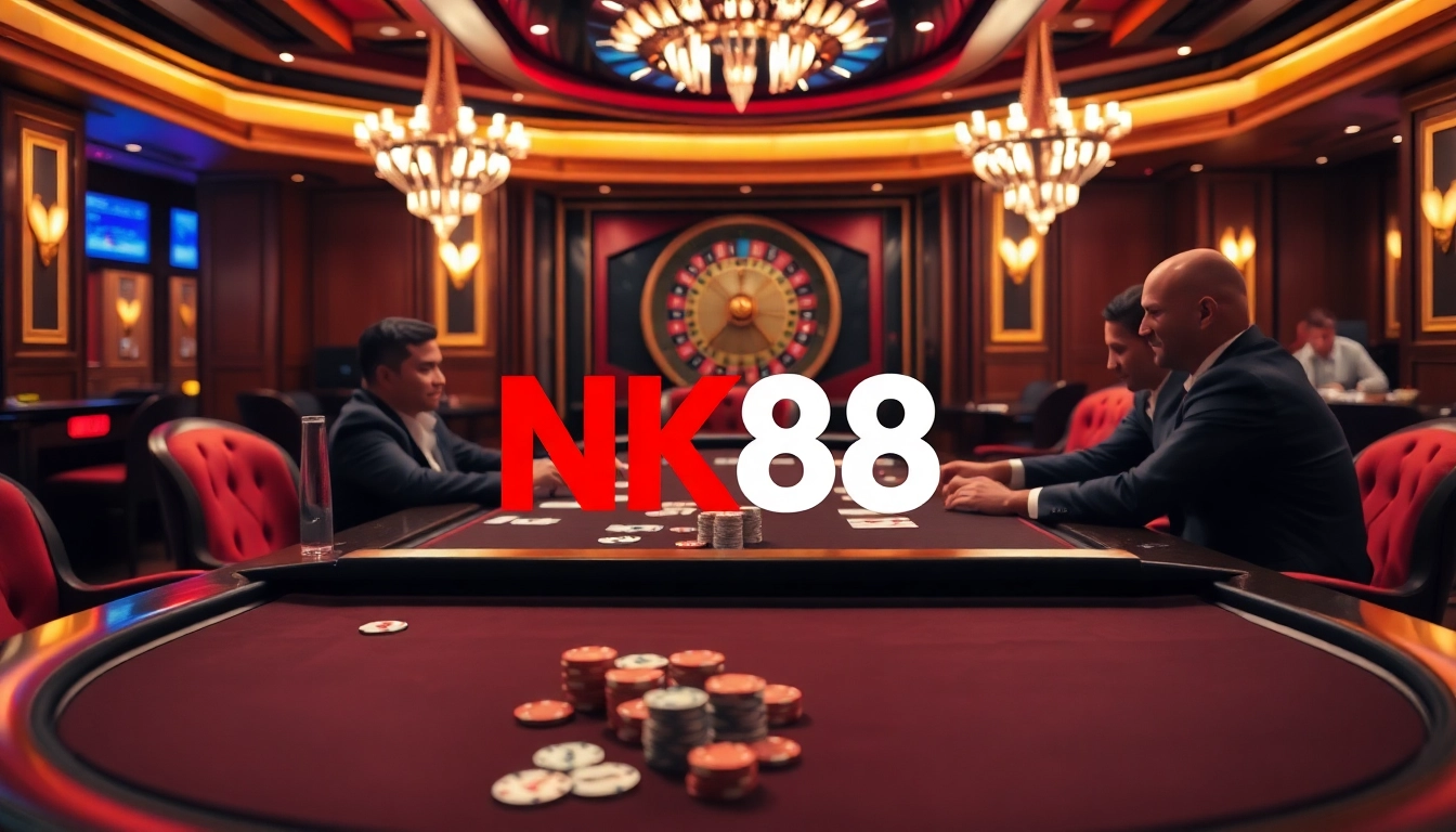 NK88 poker players engaged in a thrilling game at a luxurious casino table.