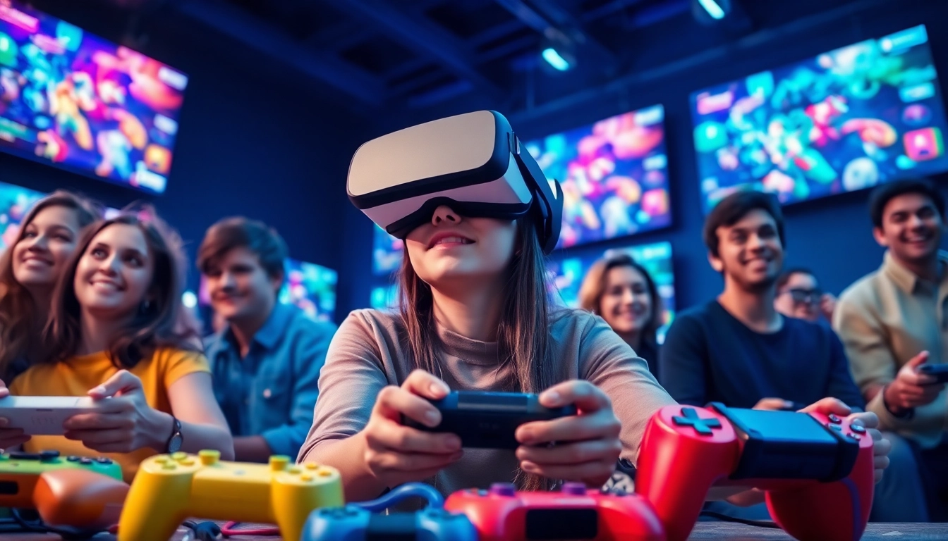 Jogadora imersa no hi game usando um headset de realidade virtual.