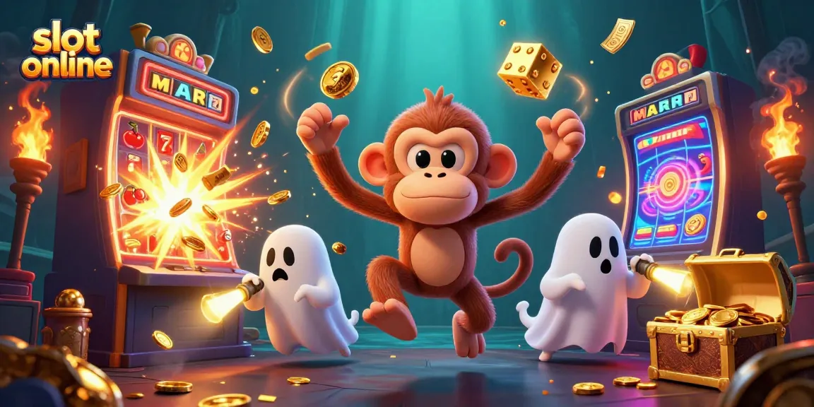 Experience thrilling slot online action with a playful ghost monkey and curious puppy in a vibrant casino.