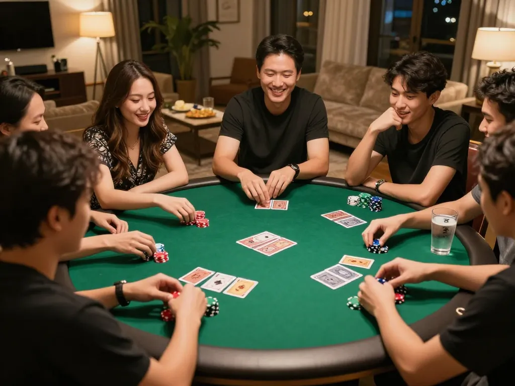 Friends enjoying a lively poker session at home with hitclub-themed decorations and betting strategies in play