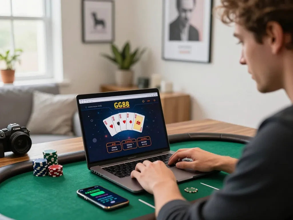 Gambling enthusiast enjoying GG88 online casino on laptop at home, showcasing cards and casino chips