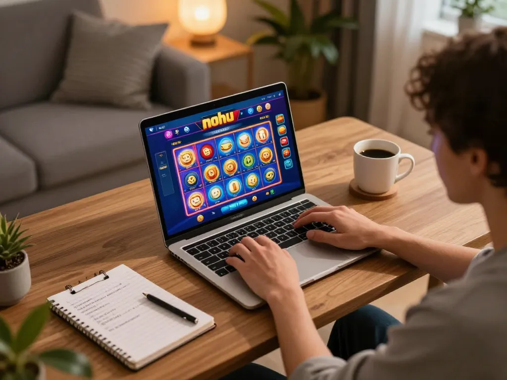 Nohu online gaming experience with vibrant slot interfaces, relaxed player in cozy home.