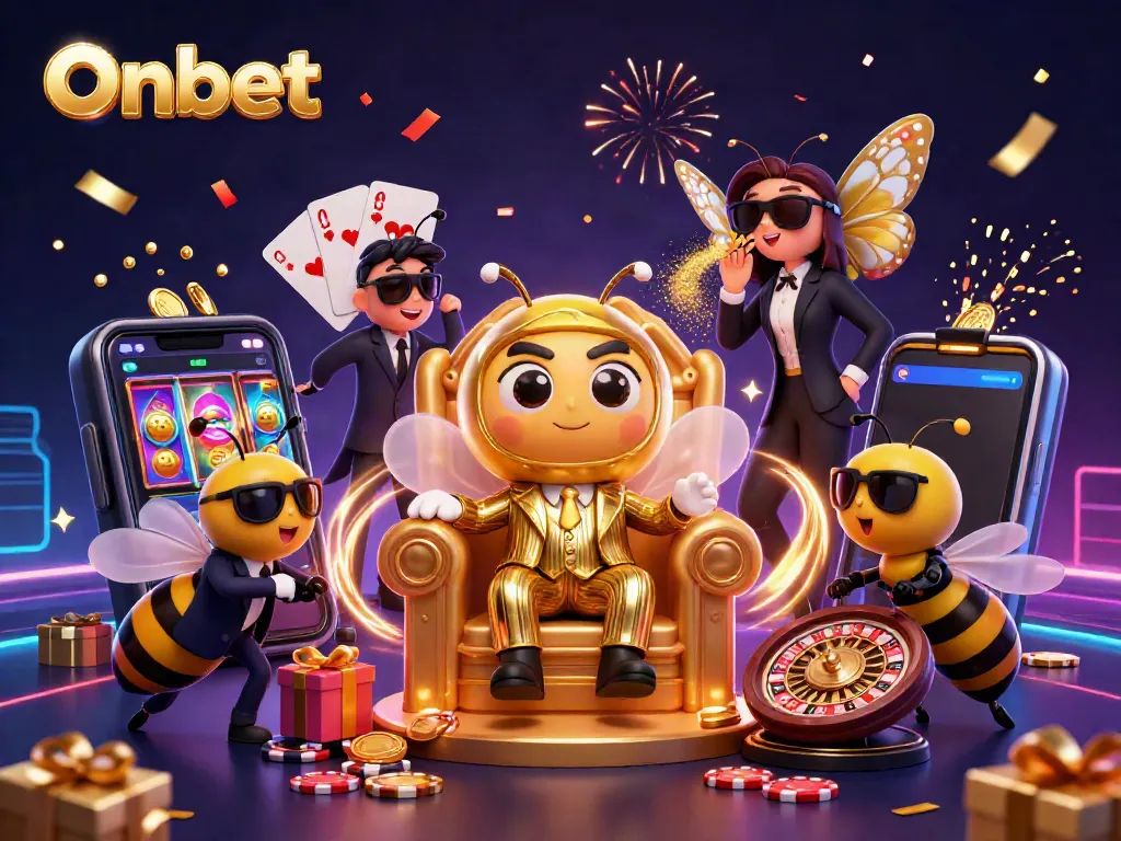 Engage in exciting gameplay with Onbet's colorful casino scene featuring dynamic game elements and charming characters.