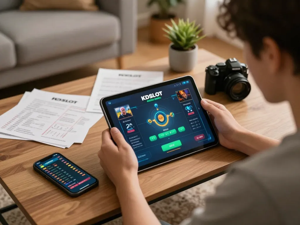 Engage with KDSLOT application on tablet in cozy home, showcasing exciting online gambling session.