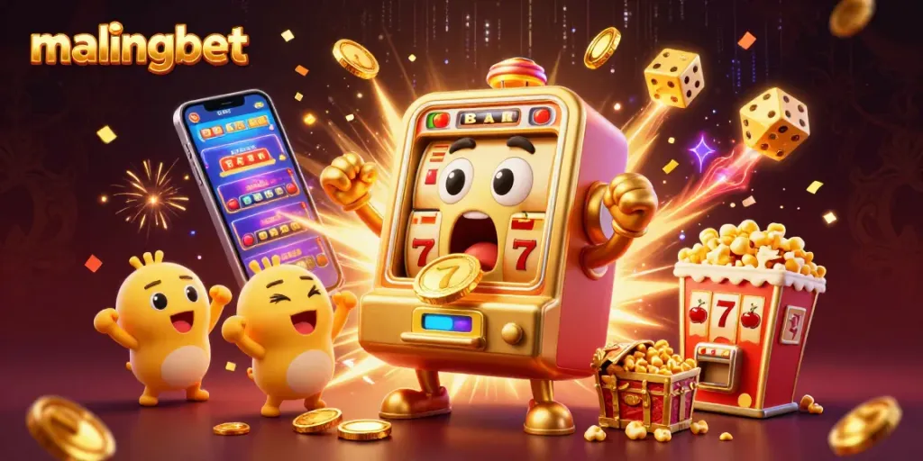Gaskan jackpot di Malingbet dengan mesin slot emas beraksi dan menyebarkan koin.