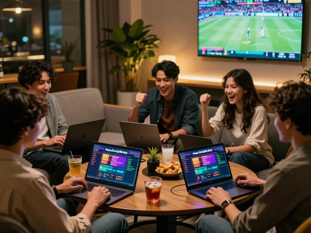 Friends celebrating a win while using https://lucky88.tips/ for online betting in a lively lounge.
