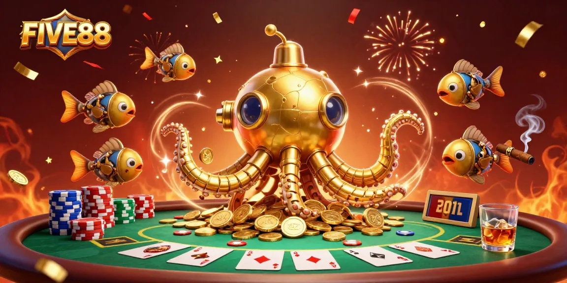 Experience thrilling poker action with the FIVE88 kraken submarine in a vibrant casino scene.