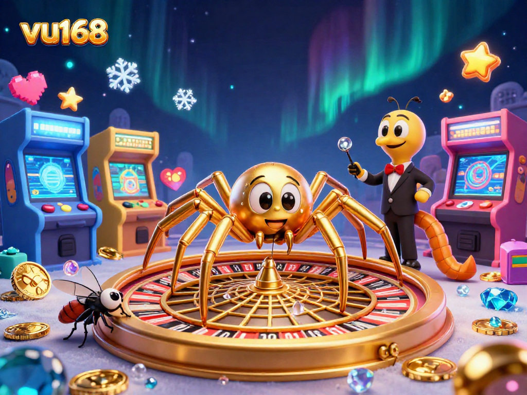 vu168 spins the roulette as a fly nervously bets, bringing casino excitement to life.