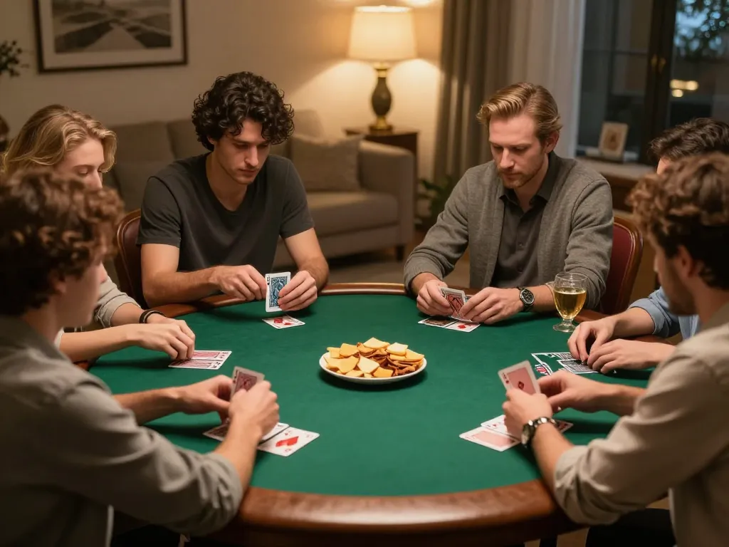 bästa casino utan svensk licens - Friends focus on strategic poker gameplay around a round table with snacks and drinks.