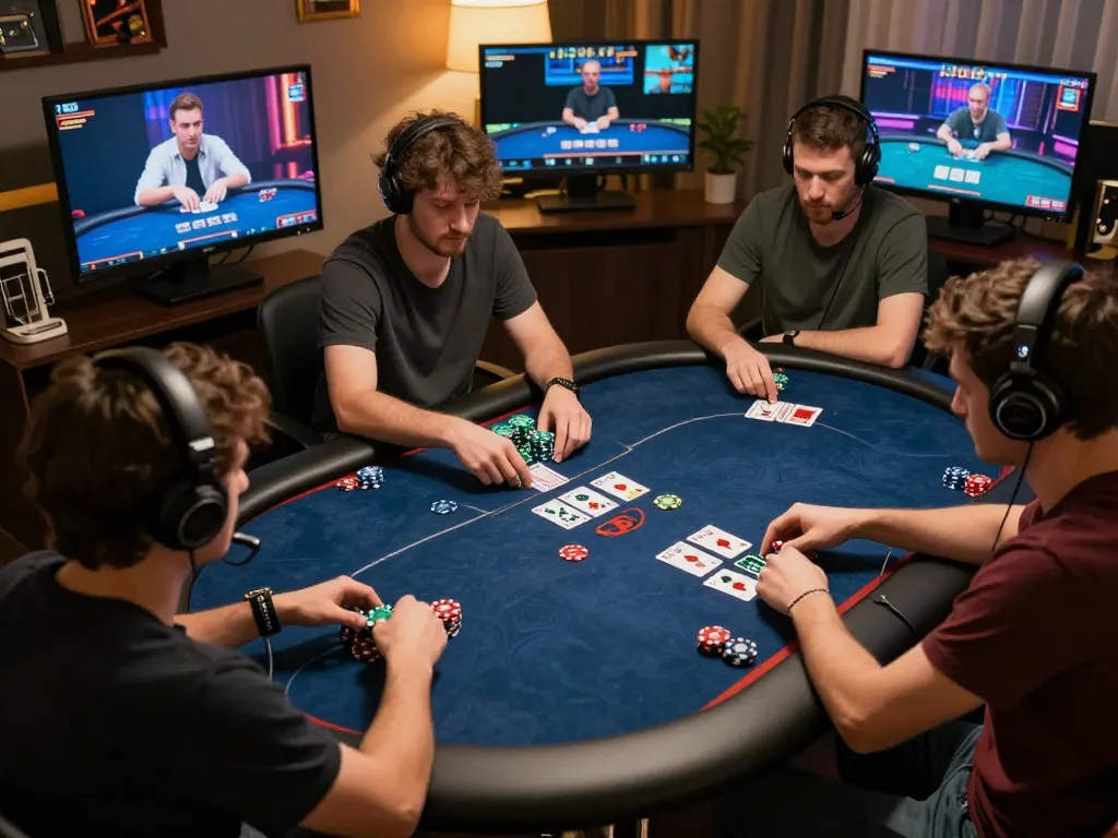 Menggambarkan permainan poker di dewi999 dengan pemain dan chip poker yang berwarna-warni dalam aksi.