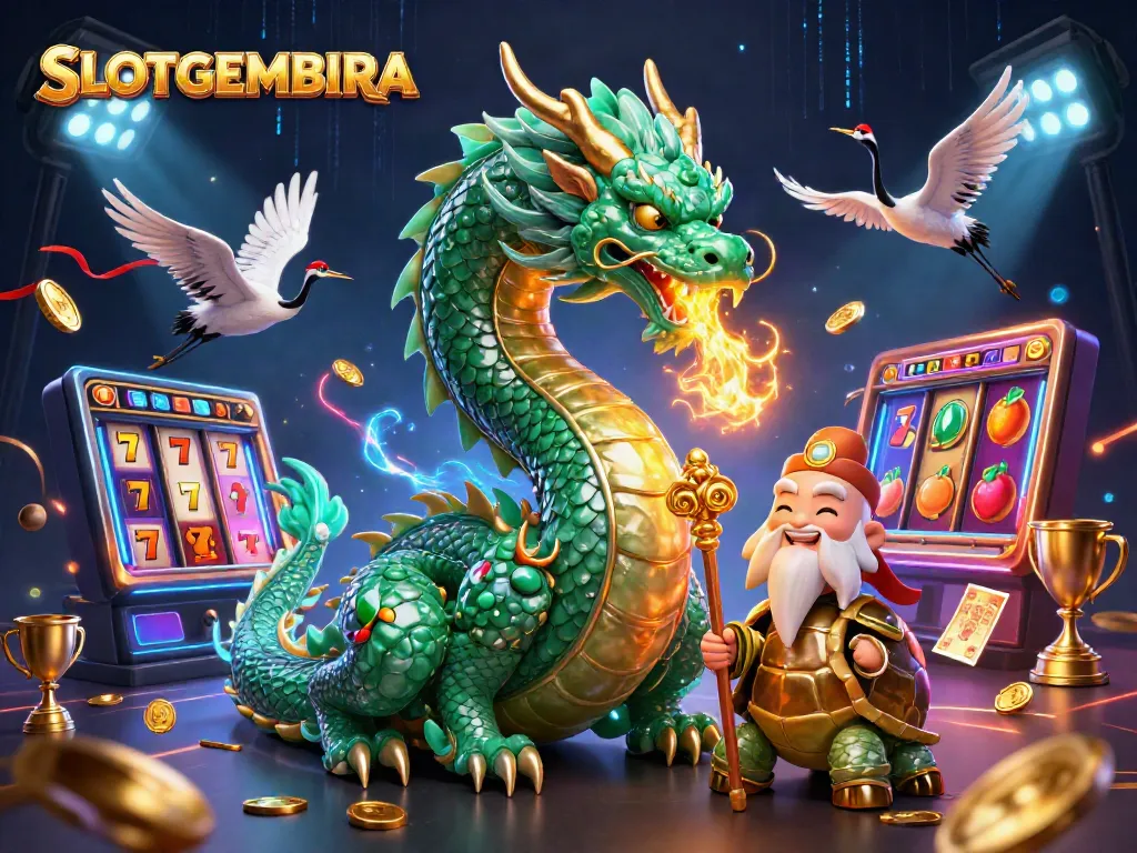 SLOTGEMBIRA immerses players in a vibrant casino world with dragons, turtles, and dynamic slot elements.