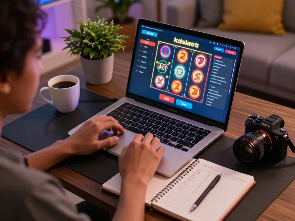 Player engaged in kdslots online gaming, viewing colorful slot reels on laptop with strategy notes nearby